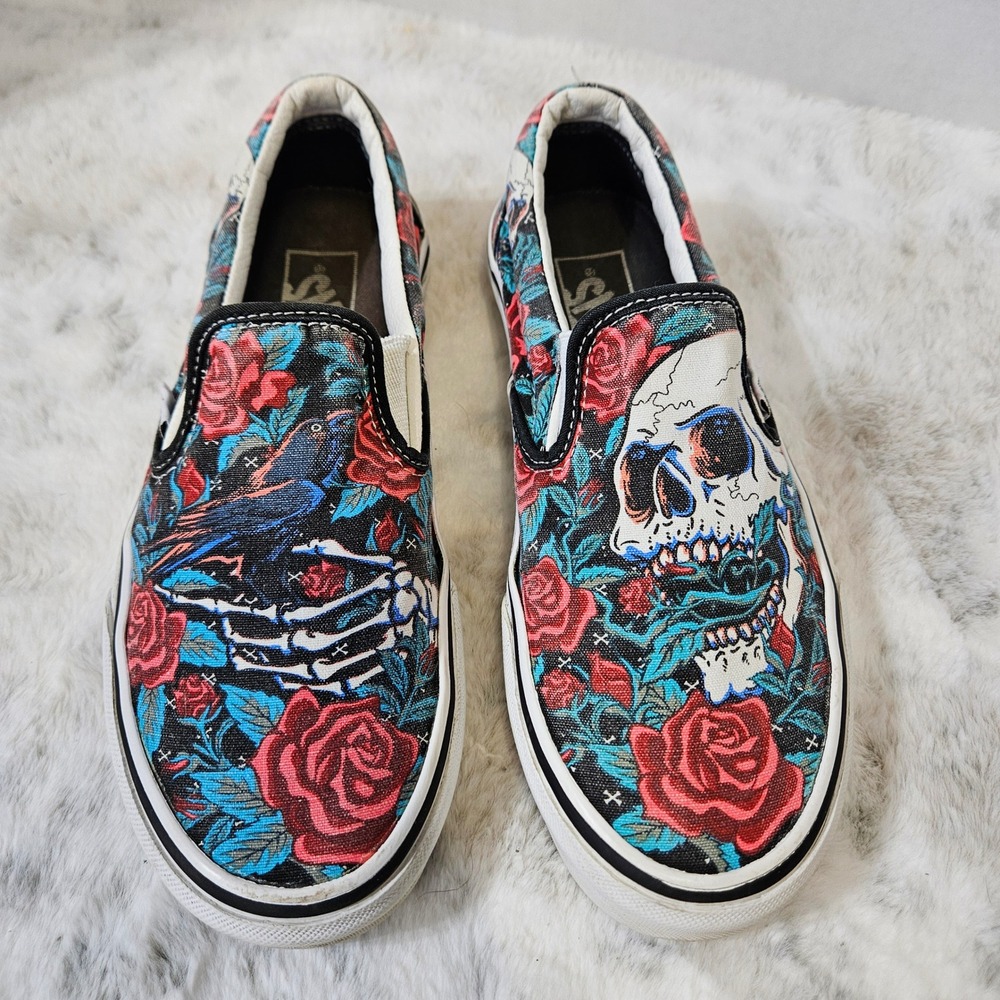 Vans Black Floral Skull Rose Slip On Sneakers Women 8 Men 6.5 Goth Skater Grunge